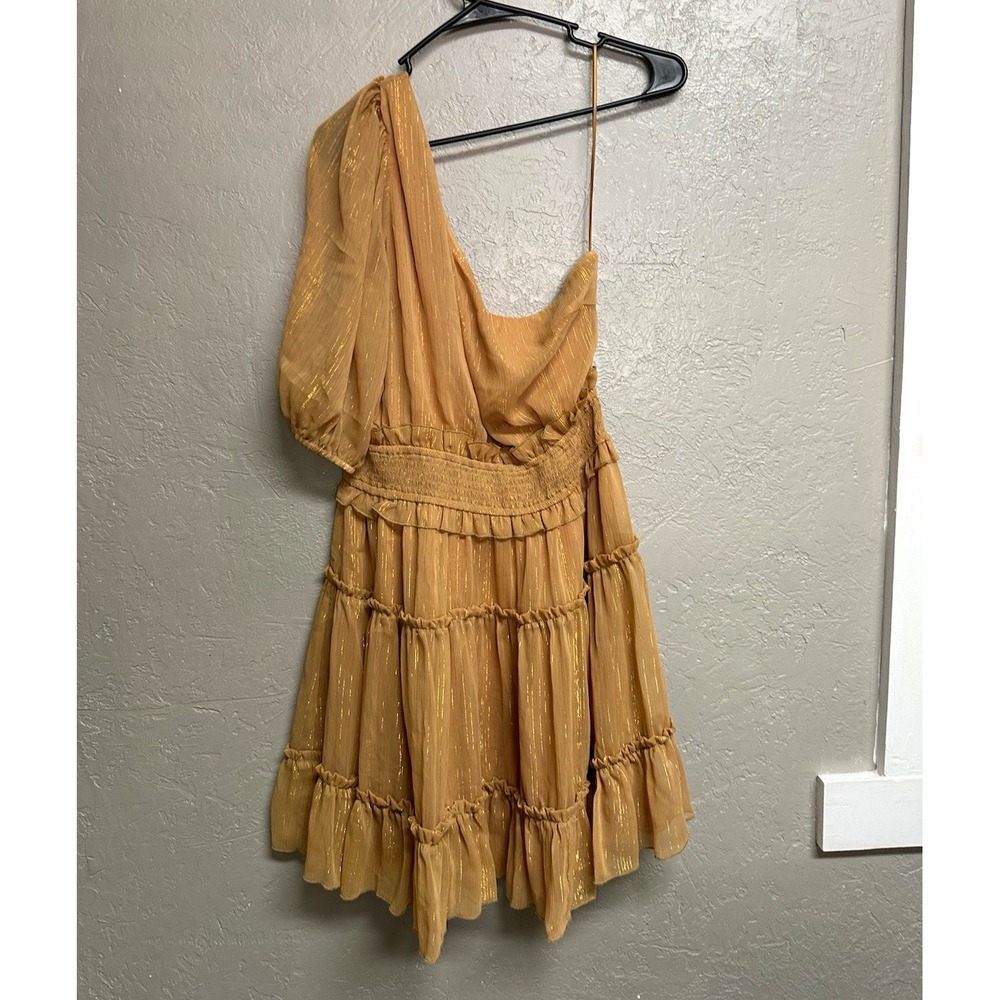 Julie Brown One Shoulder  Ruffle Mini Dress Tan Gold Size L
